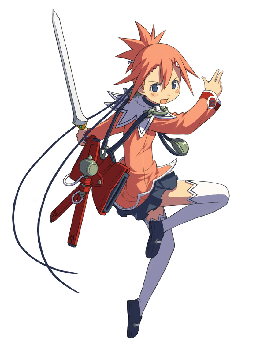 air_colthearts blue_eyes blush hands highres leg_lift legs long_sleeves ootsuka_shin'ichirou open_mouth pink_hair ponytail skirt solo summon_night summon_night_swordcraft_story_2 sword thighhighs weapon white_legwear zettai_ryouiki