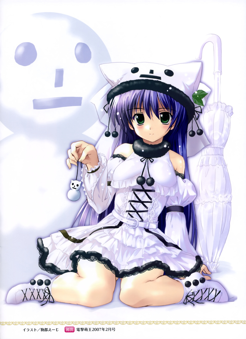 :| absurdres closed_mouth copyright_request detached_sleeves green_eyes hat highres komatsu_eiji lolita_fashion purple_hair shoes sitting skirt snowman solo umbrella wariza white_skirt