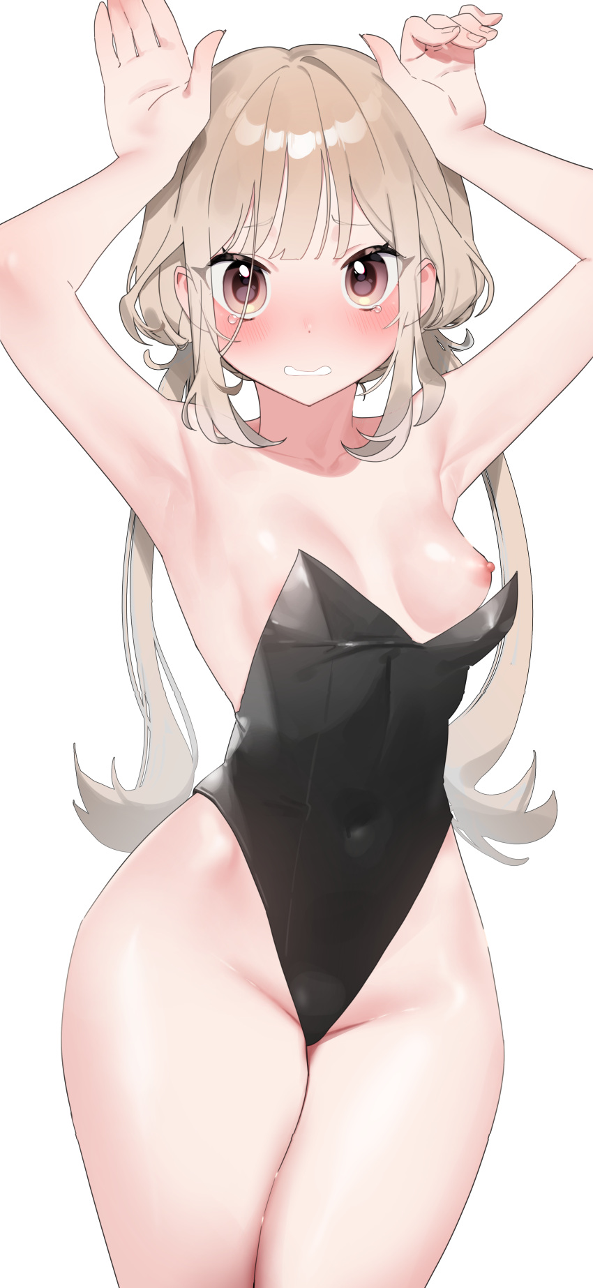 1girl absurdres animal_ears areola_slip armpits arms_up bangs black_leotard blush breasts brown_eyes clenched_teeth collarbone covered_navel embarrassed highleg highleg_leotard highres leotard light_brown_hair long_hair looking_at_viewer low_twintails medium_breasts nipples nose_blush one_breast_out original playboy_bunny rabbit_ears rubyaano_(ducl323) simple_background solo strapless strapless_leotard teeth thighs twintails very_long_hair white_background