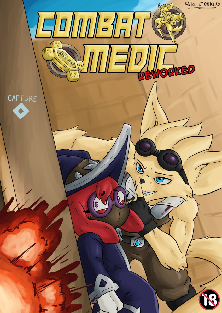 against_surface against_wall anthro canid canine clothing cover cover_art cover_page duo explosion eyewear female fox fur glasses gloves goggles handwear hat headgear headwear hi_res lagomorph long_ears long_tail looking_at_another looking_away looking_nervious male male/female mammal mask moji_(paladins) paladins pip_(paladins) red_body red_fur robe shush skeletonkid5 tan_body tan_fur
