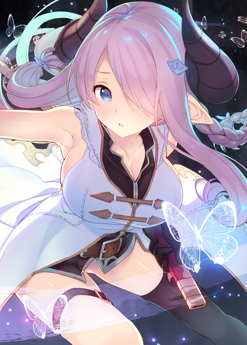 1girl absurdres armpits ass_visible_through_thighs bare_shoulders belt belt_buckle black_gloves black_thighhighs blue_eyes blush braid breasts buckle bug butterfly cleavage collarbone draph gloves glowing_butterfly granblue_fantasy hair_ornament hair_over_one_eye hairclip highres holding horns large_breasts leaning_forward long_hair looking_at_viewer narmaya_(granblue_fantasy) outstretched_arm parted_lips photoshop_(medium) pink_hair pointy_ears sheath shiny shiny_hair shiny_skin simple_background single_thighhigh sleeveless solo tatami_to_hinoki thigh_strap thighhighs