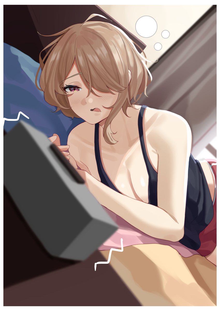 1girl absurdres alarm_clock bangs bed black_tank_top blush breasts brown_hair casual clock curtains haerge hair_over_one_eye highres honkai_(series) honkai_impact_3rd indoors large_breasts lying mole mole_under_eye on_bed on_side open_mouth purple_eyes red_shorts rita_rossweisse short_hair short_shorts shorts sleepy solo tank_top waking_up