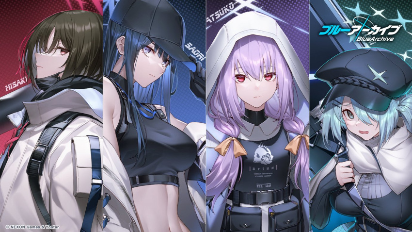 4girls atsuko_(blue_archive) blue_archive blue_hair breasts character_name commentary_request famepeera halo hat hiyori_(blue_archive) jacket large_breasts looking_at_viewer medium_breasts misaki_(blue_archive) multiple_girls navel official_art red_eyes saori_(blue_archive) tactical_clothes