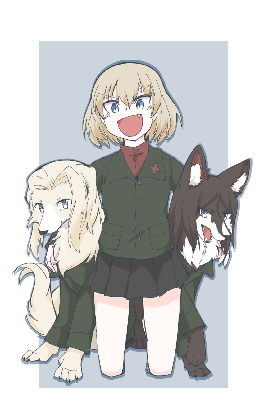 1girl :d animalization arm_around_neck bangs black_hair black_skirt blonde_hair blue_eyes bob_cut clara_(girls_und_panzer) commentary dog fang full_body girls_und_panzer green_jacket grey_background hasekura_(hachinochun) highres jacket katyusha_(girls_und_panzer) kneeling long_sleeves looking_at_viewer miniskirt nonna_(girls_und_panzer) open_mouth outside_border pleated_skirt pravda_school_uniform red_shirt school_uniform shirt short_hair skirt smile smirk turtleneck