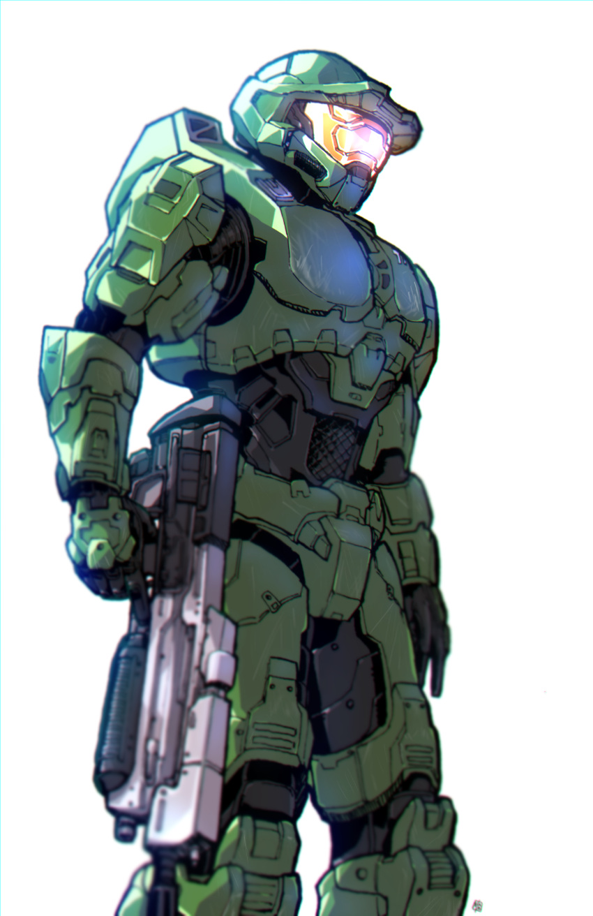 1boy absurdres assault_rifle black_gloves bullpup gloves gun halo_(series) halo_infinite helmet highres holding holding_gun holding_weapon ma5 master_chief nasutetsu open_hand power_armor rifle science_fiction scratched_paint solo spartan_(halo) visor weapon white_background