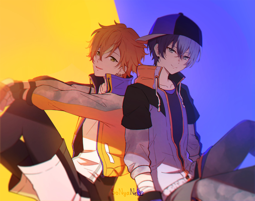 2boys aoyagi_touya artist_name bandages bangs baseball_cap black_hair black_headwear black_shirt blue_hair brown_eyes closed_mouth collarbone commentary_request crossed_bangs ear_piercing earrings grey_eyes grey_jacket grey_shorts hair_between_eyes hat highres jacket jewelry knee_up knees_up long_sleeves looking_at_viewer male_focus mixed-language_commentary multicolored_clothes multicolored_hair multicolored_headwear multicolored_jacket multiple_boys open_clothes open_jacket orange_background orange_hair orange_jacket pants pants_under_shorts parted_lips piercing project_sekai purple_background purple_headwear shinonome_akito shirt short_hair short_shorts shorts sidelocks sideways_hat sitting smile sonyaneko split-color_hair two-tone_background two-tone_hair white_shirt white_shorts