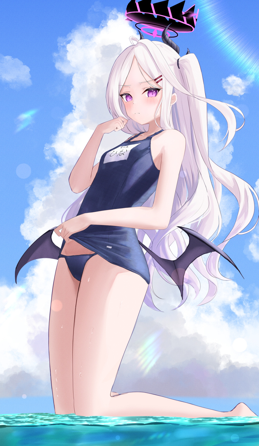 1girl absurdres aki_uzuki3 bangs bare_arms bare_legs bare_shoulders barefoot black_swimsuit black_wings blue_archive blue_sky blush breasts closed_mouth cloud commentary_request halo highres hina_(blue_archive) hina_(swimsuit)_(blue_archive) horns legs lens_flare long_hair long_legs looking_at_viewer low_wings old_school_swimsuit one-piece_swimsuit one_side_up outdoors parted_bangs purple_eyes school_swimsuit school_swimsuit_flap shallow_water sky small_breasts solo swimsuit thighs very_long_hair water white_hair wings