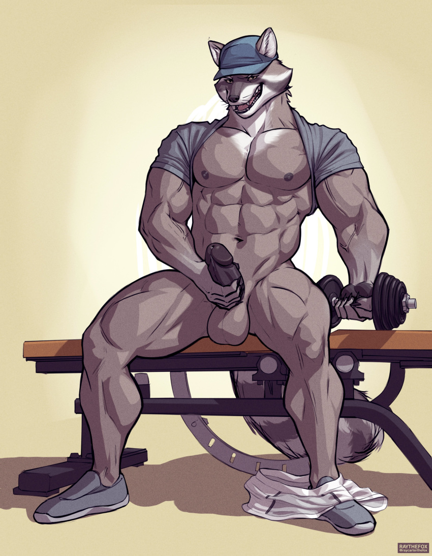 2022 abs absurd_res anthro balls barazoku baseball_cap biceps big_balls big_muscles big_penis bodily_fluids bottomless claws clothed clothing dumbbell erection exercise footwear genital_fluids genitals hat headgear headwear hi_res huge_muscles humanoid_genitalia humanoid_penis looking_at_viewer male mammal masturbation muscular muscular_anthro muscular_male navel nipples obliques open_mouth open_smile pants_around_one_leg partially_clothed pecs penile penile_masturbation penis precum procyonid quads raccoon raised_clothing raised_shirt raised_topwear raythefox sexercise shadow shirt shoes simple_background sitting smile solo teeth text tongue topwear url vein watermark weight_bench weightlifting weights whiskers white_background workout