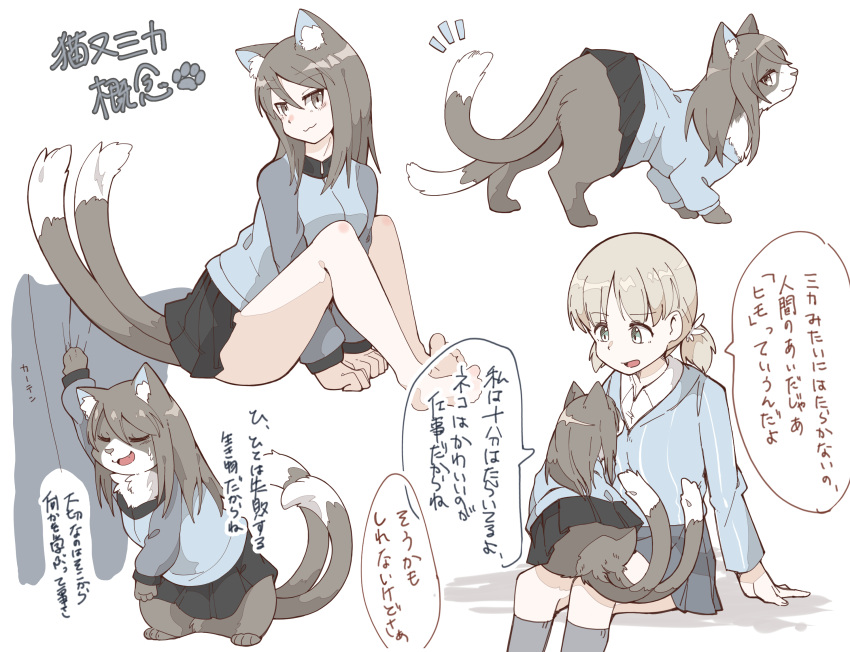 2girls :3 aki_(girls_und_panzer) animal_ears animal_on_lap animalization bangs barefoot blue_shirt blue_skirt brown_eyes brown_hair cat_ears cat_tail closed_eyes dress_shirt girls_und_panzer green_eyes grey_skirt grey_socks hair_tie hasekura_(hachinochun) highres jacket keizoku_military_uniform keizoku_school_uniform kemonomimi_mode light_brown_hair long_hair looking_at_another looking_at_viewer low_twintails mika_(girls_und_panzer) miniskirt multiple_girls multiple_tails no_headwear notice_lines on_lap pleated_skirt raglan_sleeves school_uniform shirt short_twintails sitting skirt socks sweatdrop tail track_jacket translation_request twintails v_arms white_background white_shirt wing_collar