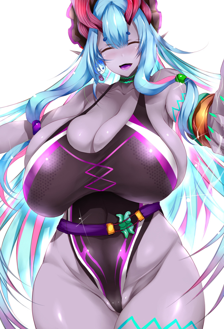 1girl absurdres bangs bare_shoulders belt black_swimsuit blue_hair blush body_markings breasts cleavage closed_eyes collarbone colored_skin covered_navel earrings eyeliner fate/grand_order fate_(series) grey_skin hair_between_eyes highleg highleg_swimsuit highres horns huge_breasts ibuki_douji_(fate) ibuki_douji_(swimsuit_berserker)_(fate) jewelry long_hair magatama makeup multicolored_hair one-piece_swimsuit oni oni_horns open_mouth pink_hair pink_swimsuit pointy_ears ponytail sideboob sidelocks smile solo swimsuit thick_thighs thighs tsukasawa_takamatsu two-tone_swimsuit