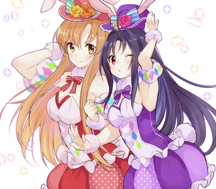 2girls animal_ears armpits asuna_(sao) bangs bow bowtie breasts brown_eyes brown_hair dress fake_animal_ears fake_tail hat locked_arms looking_at_viewer multiple_girls noro_(ro_no) one_eye_closed playboy_bunny purple_bow purple_bowtie purple_dress purple_hair purple_headwear rabbit_ears rabbit_tail red_bow red_bowtie red_dress red_eyes red_headwear sword_art_online tail yuuki_(sao)