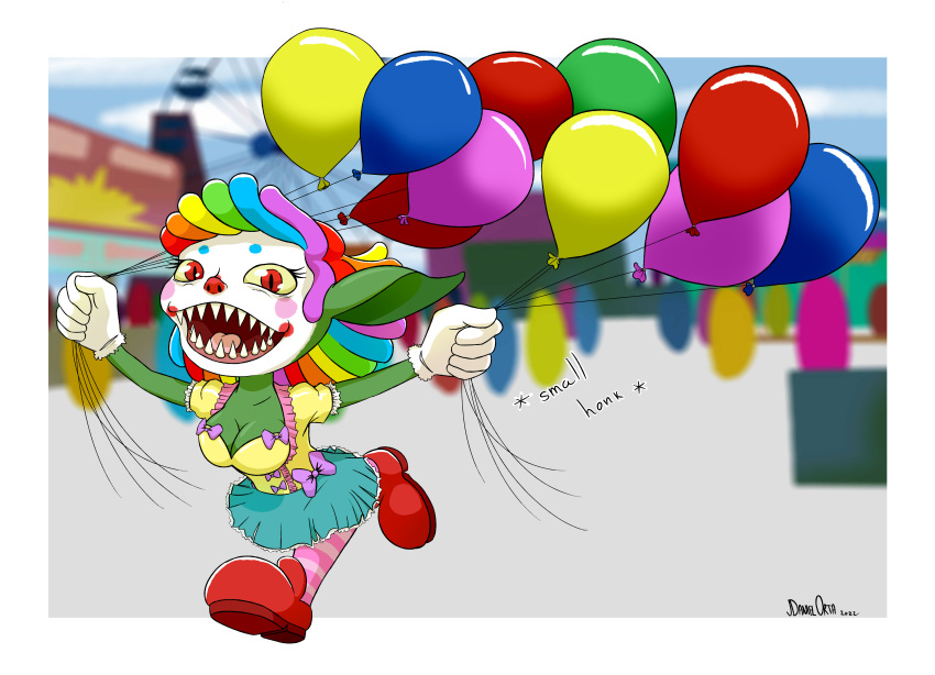 absurd_res balloon breasts chispa_(jdanieloart) cleavage clothed clothing clown clown_makeup female goblin hi_res humanoid inflatable jdanieloart looking_at_viewer running short_stack solo wig