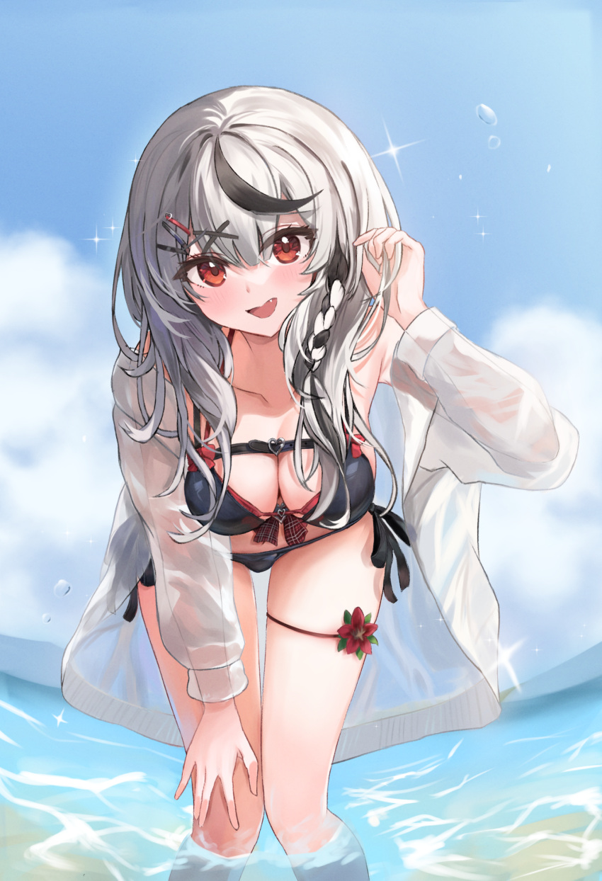 1girl :d bent_over bikini black_bikini black_hair blush breasts cleavage detached_sleeves fang flower grey_hair hair_ornament highres hololive jacket long_hair long_sleeves looking_at_viewer medium_breasts multicolored_hair open_clothes open_jacket red_flower sakamata_chloe shirt smile solo streaked_hair swimsuit thigh_strap una_hirag virtual_youtuber wading water white_shirt x_hair_ornament