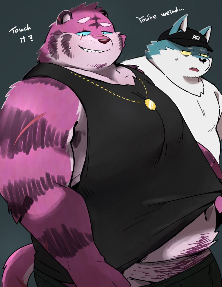 2022 anthro belly big_belly blue_body bottomwear bulge canid canine canis clothing dialogue domestic_dog duo english_text felid hat headgear headwear hi_res humanoid_hands kemono male mammal overweight overweight_male pantherine pink_body scar shirt shorts text tiger topwear uokkom