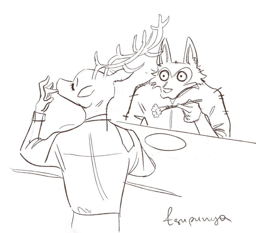 beastars canid canine canis cervid eating food hi_res legoshi_(beastars) louis_(beastars) male mammal tsupunya wolf