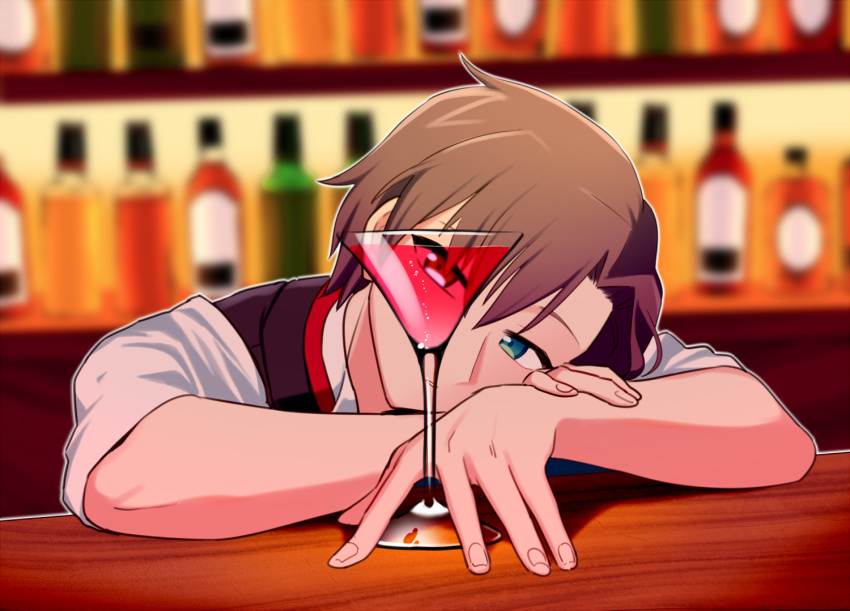 1boy bartender blue_eyes brown_hair cocktail_glass collared_shirt cup drinking_glass jiitarou mahjong_soul male_focus parted_lips shinomiya_natsuki shirt short_hair short_sleeves solo vest white_shirt