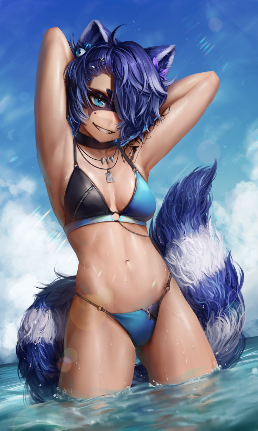 1girl absurdres animal_ears armpits arms_behind_head arms_up bangs bikini black_bikini black_choker blue_eyes blue_hair blue_sky breasts choker cloud commission dark-skinned_female dark_skin day dog_tags domino_mask eyeball_hair_ornament grin hair_ornament hair_over_one_eye hairclip highres indie_virtual_youtuber jewelry looking_at_viewer mask medium_breasts mole mole_under_eye navel necklace numanoan o-ring o-ring_bikini ocean outdoors raccoon_ears raccoon_girl raccoon_tail short_hair sky smile snuffy_(vtuber) solo stomach swimsuit tail thick_eyebrows tooth_necklace virtual_youtuber wading water x_hair_ornament