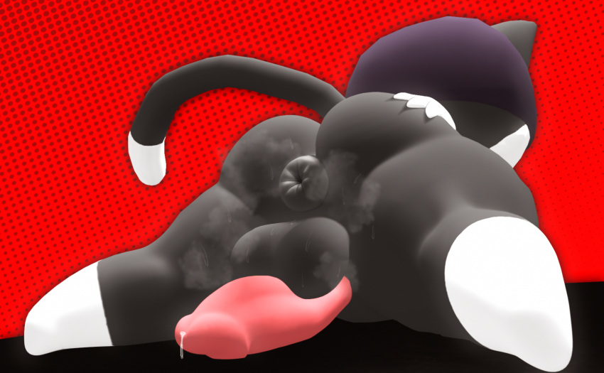 3d_(artwork) anthro anus atlus balls big_balls big_butt big_penis black_body black_fur bodily_fluids butt butt_grab digital_media_(artwork) domestic_cat feet felid feline felis fur genital_fluids genitals glistening glistening_body hand_on_butt hi_res huge_balls huge_butt huge_penis humanoid male mammal megami_tensei megami_tensei_persona morgana_(persona) musk musk_clouds penis pink_penis precum puffy_anus raised_tail red_background royal_cicada sega short_stack simple_background solo source_filmmaker sweat thick_thighs video_games white_body white_fur