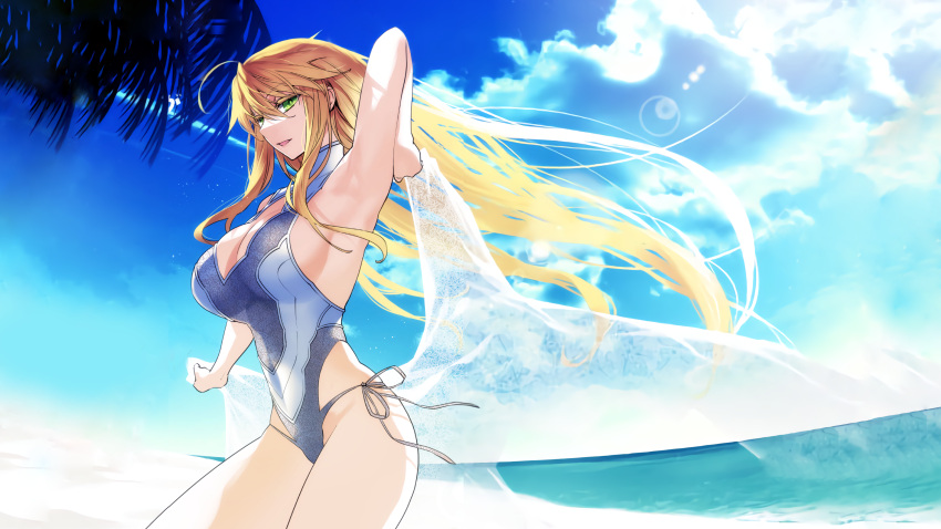 absurdres arm_up armpits artoria_pendragon_(fate) artoria_pendragon_(lancer)_(fate) artoria_pendragon_(swimsuit_ruler)_(fate) artoria_pendragon_(swimsuit_ruler)_(second_ascension)_(fate) blonde_hair blue_sky breasts copyright_request green_eyes highres ishida_akira large_breasts long_hair looking_at_viewer non-web_source ocean official_art palm_tree sand sky smile sun tree