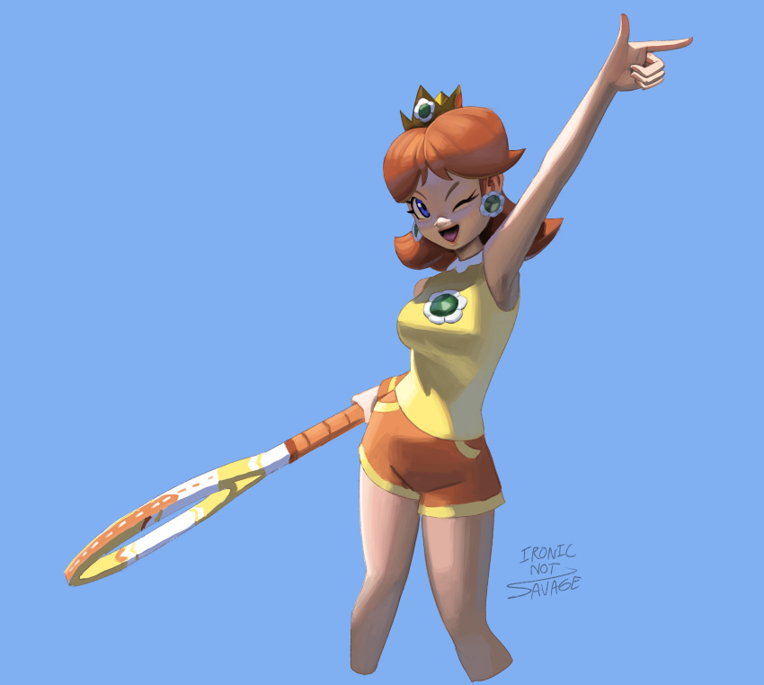 1girl ;d absurdres blue_background blue_eyes breasts brown_hair cropped_legs crown earrings english_commentary flower_earrings highres holding ironicnotsavage jewelry long_hair looking_at_viewer mario_(series) mario_tennis medium_breasts official_alternate_costume one_eye_closed princess_daisy racket shorts smile solo tennis_racket wristband