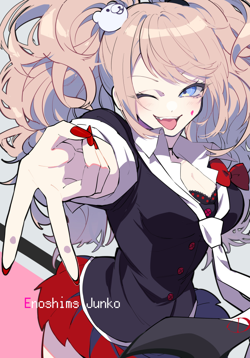 1girl absurdres bangs bear_hair_ornament black_background black_necktie black_shirt blonde_hair blue_eyes bow breasts buttons character_name cleavage commentary_request cowboy_shot danganronpa:_trigger_happy_havoc danganronpa_(series) enoshima_junko grey_background gyaru_v hair_ornament highres large_breasts long_hair looking_at_viewer nail_polish necktie nekoma_hikaru one_eye_closed open_mouth pleated_skirt red_bow red_nails red_skirt shirt skirt smile solo teeth tongue tongue_out twintails two-tone_necktie typo upper_teeth v wavy_hair white_necktie