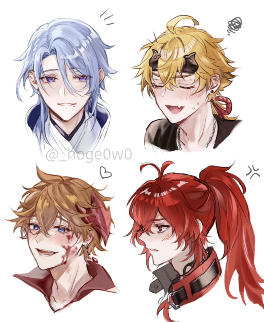 4boys ahoge anger_vein angry antenna_hair artist_name bangs black_shirt blonde_hair blood blood_on_face blue_eyes blue_hair blush clenched_teeth closed_eyes collarbone collared_shirt commentary_request cropped_shoulders diluc_(genshin_impact) diluc_(red_dead_of_night)_(genshin_impact) dog_tags fake_horns fang genshin_impact hair_between_eyes hair_over_shoulder headband heart high_ponytail highres hoge_(hoge0w0) horned_headwear horns japanese_clothes kamisato_ayato kimono long_hair looking_at_viewer low_ponytail male_focus mask mask_on_head medium_hair mole mole_under_mouth multiple_boys nose_blush notice_lines open_mouth orange_hair parted_bangs parted_lips ponytail profile purple_eyes raised_eyebrows red_eyes red_hair red_mask red_shirt round_teeth shirt short_hair sidelocks skin_fang smile squiggle swept_bangs tartaglia_(genshin_impact) teeth thoma_(genshin_impact) tongue twitter_username upper_body v-shaped_eyebrows white_background