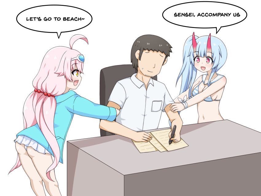 1boy 2girls absurdres arm_grab beard blue_archive blue_hair chair chise_(blue_archive) desk facial_hair greenteaneko highres horns hoshino_(blue_archive) long_hair multiple_girls paper parka pen pink_hair sensei_(blue_archive) sitting swimsuit