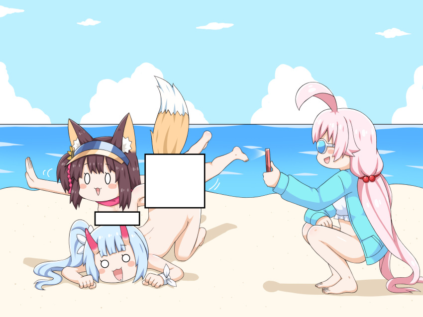 3girls absurdres animal_ears beach blue_archive blue_hair censored greenteaneko hair_ornament highres horns multiple_girls parka pink_hair recording ribbon scarf swimsuit wrist_ribbon