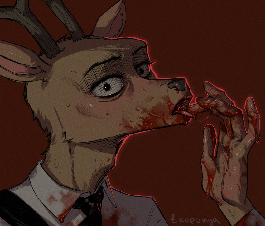 absurd_res beastars blood bodily_fluids cervid finger_fetish finger_lick finger_play fingers hi_res licking louis_(beastars) male mammal tongue tongue_out tsupunya