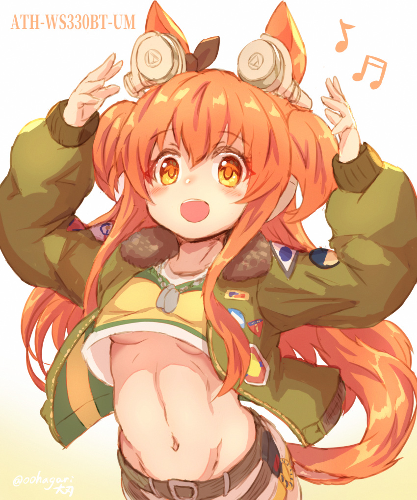 1girl arms_up bangs belt blush breasts commentary_request crop_top dog_tags green_jacket hair_between_eyes highres horse_girl jacket jewelry long_hair long_sleeves mayano_top_gun_(umamusume) musical_note navel necklace no_bra ooba_jun open_clothes open_jacket open_mouth orange_eyes orange_hair shirt short_twintails smile solo stomach twintails umamusume underboob very_long_hair yellow_shirt