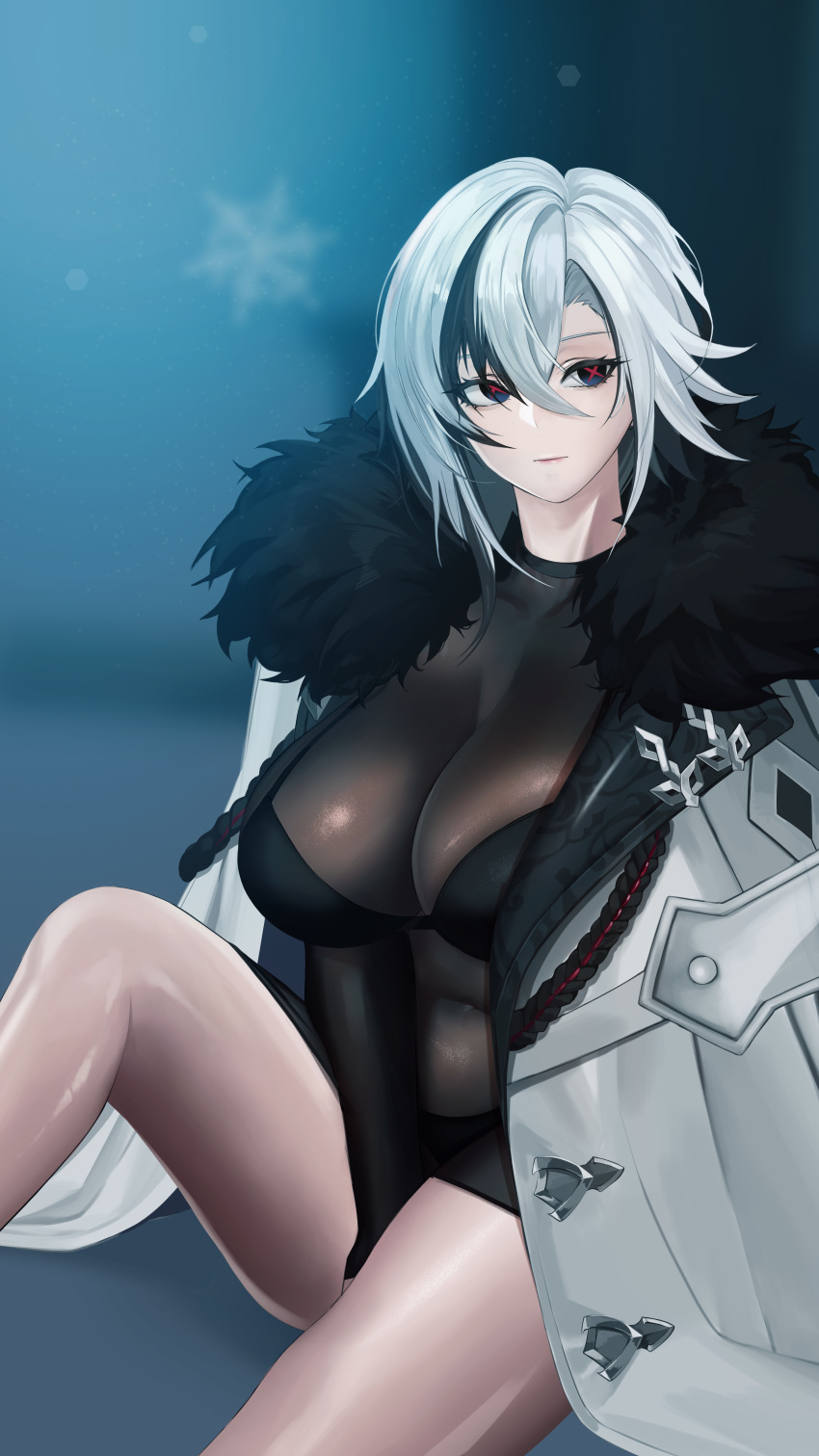1girl absurdres arlecchino_(genshin_impact) bangs black_eyes black_hair breasts closed_mouth commentary english_commentary fur_collar fur_trim gcg genshin_impact grey_hair highres jacket large_breasts looking_at_viewer medium_hair multicolored_hair open_clothes open_jacket red_pupils sitting solo streaked_hair thighs white_jacket