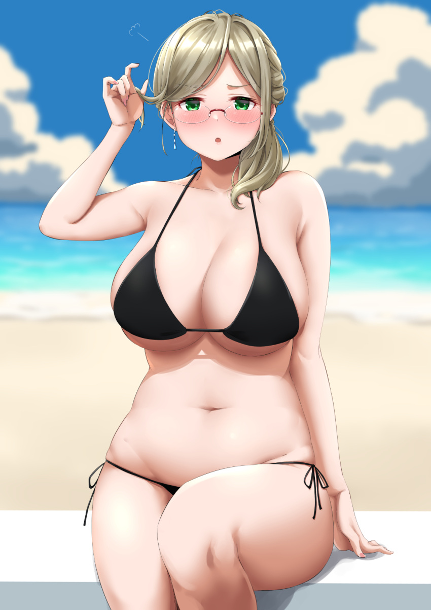 1girl :o =3 beach bikini black_bikini blue_sky blush breasts cleavage cloud curvy day earrings furrowed_brow glasses green_eyes hand_up highres jewelry kantai_collection katori_(kancolle) large_breasts light_brown_hair looking_at_viewer medium_hair navel outdoors side_ponytail sitting sky solo stomach swimsuit takomeshi thighs underboob