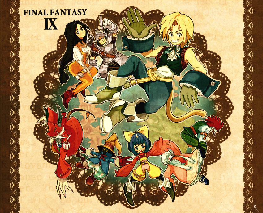 1other 3girls 4boys armor baggy_pants barefoot between_legs black_hair black_mage blonde_hair blue_coat blue_eyes blue_hair blue_pants bodysuit boots bow breasts brown_footwear burmecian chef_hat choker claws clenched_hand coat dreadlocks eiko_carol everyone final_fantasy final_fantasy_ix fingernails floating freija_crescent frilled_shirt_collar frills full_body garnet_til_alexandros_xvii gloves green_pants grin hair_bow hand_between_legs hand_up hat hat_feather helmet highres horns jewelry knight lace-up lace-up_top long_hair long_sleeves low_ponytail medium_breasts monkey_tail mouse_tail multiple_boys multiple_girls neck_ribbon orange_bodysuit outstretched_arms pale_skin pants pendant pink_shirt plate_armor posca puffy_sleeves quina_quen red_coat red_footwear red_gloves red_hair red_headwear ribbon salamander_coral sharp_fingernails shirt short_hair short_hair_with_long_locks shoulder_belt single_horn sleeveless sleeveless_shirt smile striped striped_pants tail teeth thigh_strap tongue tongue_out vest vivi_ornitier waving white_hair white_shirt winged_helmet wizard_hat wrist_cuffs yellow_bow yellow_eyes yellow_overalls zidane_tribal