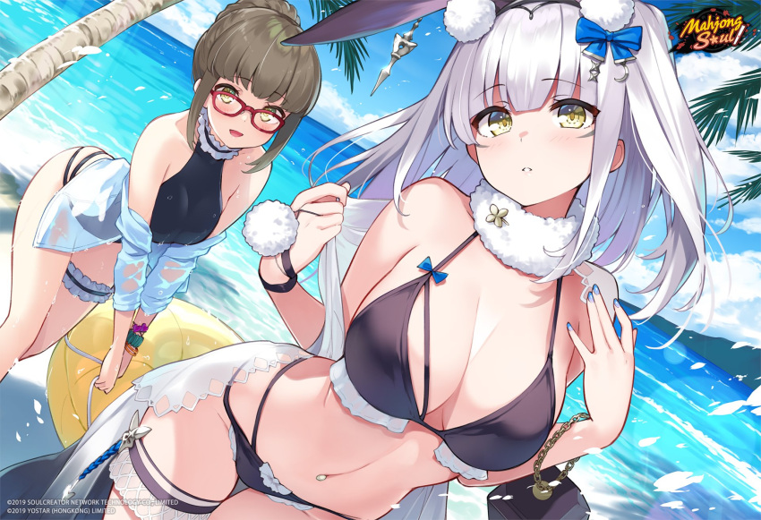 2girls bare_shoulders beach bikini black_bikini black_swimsuit blue_nails bow breasts brown_hair cleavage commentary copyright_name day dutch_angle english_commentary fur_collar glasses hair_bow hair_bun halterneck hands_up highres hisen_kaede jacket kaavi large_breasts logo long_hair looking_at_viewer mahjong mahjong_soul multi-strapped_bikini multiple_girls nail_polish navel ninomiya_hana ocean official_art one-piece_swimsuit open_clothes open_jacket open_mouth outdoors parted_lips red-framed_eyewear see-through shawl sidelocks smile stomach string_bikini swimsuit tenbou thigh_strap thighs wet white_hair white_jacket yellow_eyes