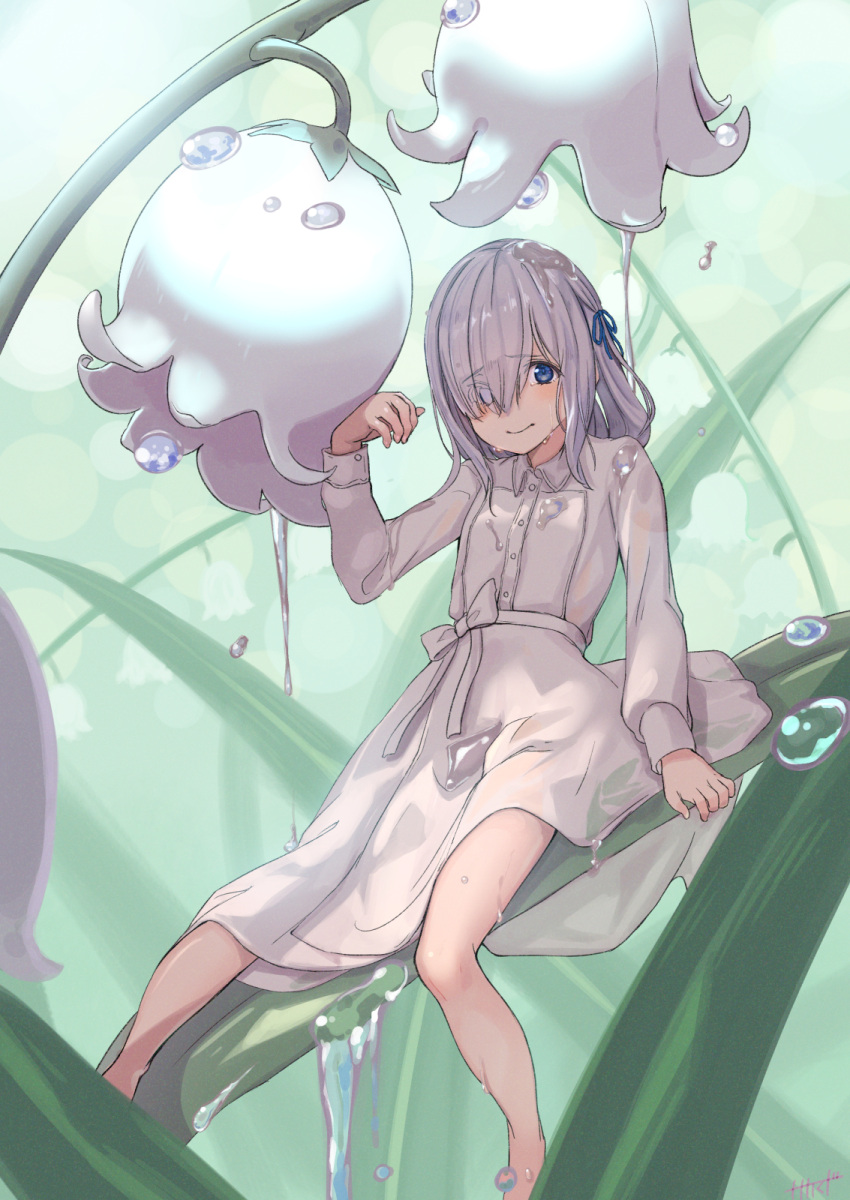 1girl bangs blue_eyes blue_ribbon bow buttons collared_dress crying crying_with_eyes_open dress eyes_visible_through_hair flower furrowed_brow green_background grey_hair hair_over_one_eye hair_ribbon highres isuzu_ren leaf lily_of_the_valley long_bangs long_dress long_sleeves looking_at_viewer magia_record:_mahou_shoujo_madoka_magica_gaiden mahou_shoujo_madoka_magica medium_hair minigirl nanakamado nervous_smile on_flower one_eye_covered plant ribbon sidelocks signature sitting sleeve_cuffs solo suggestive_fluid swept_bangs tears tress_ribbon waist_bow water_drop white_dress white_flower