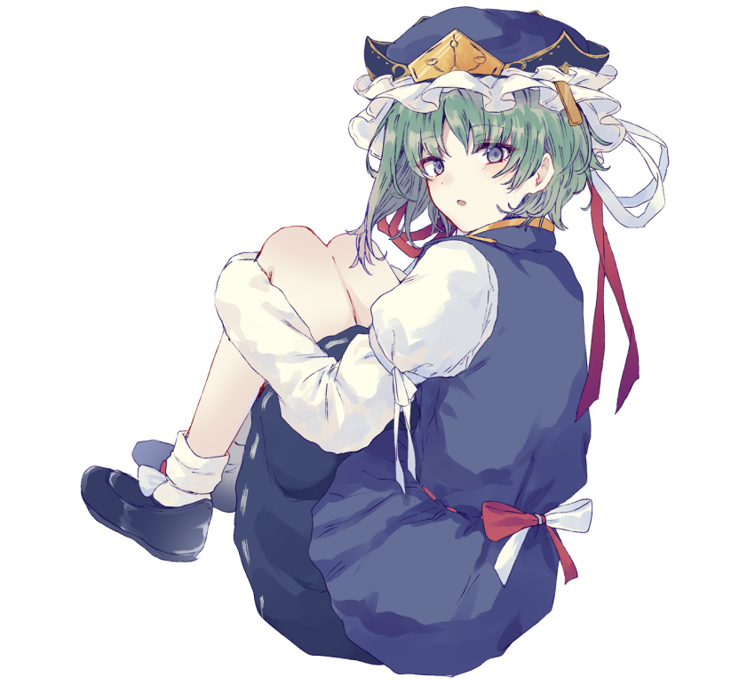 1girl black_footwear from_behind full_body green_hair hat highres knees_up light_blush long_sleeves looking_at_viewer looking_back negative_space open_mouth puffy_sleeves red_ribbon ribbon shiki_eiki shoes simple_background sitting skirt socks solo touhou uranaishi_(miraura) vest white_background white_ribbon