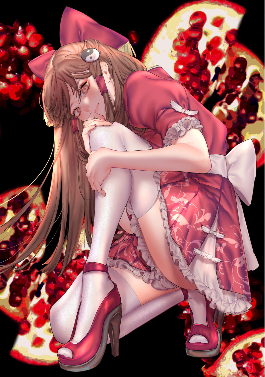 1girl absurdres alternate_costume ass back_bow bow brown_eyes brown_hair closed_mouth food frilled_skirt frilled_sleeves frills fruit hair_tubes hakurei_reimu high_heels highres hugging_own_legs knee_up large_bow long_hair looking_at_viewer on_one_knee pomegranate puffy_short_sleeves puffy_sleeves red_bow red_footwear red_shirt red_skirt shirt shoes short_sleeves sidelocks skirt skirt_set smile solo strappy_heels thighhighs thighs toeless_footwear touhou white_bow white_thighhighs yamazaki_tsukune yin_yang yin_yang_hair_ornament