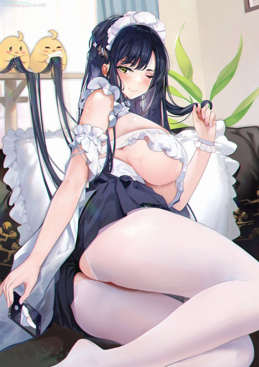 1girl 504_gateway absurdres ass azur_lane bangs black_skirt blush breasts couch frills green_eyes hair_between_eyes highres holding holding_phone huge_breasts indomitable_(ms._motivationless_maid)_(azur_lane) long_hair looking_at_viewer lying maid maid_headdress manjuu_(azur_lane) official_alternate_costume on_side one_eye_closed pantyhose phone skirt solo steam taking_picture underboob very_long_hair white_pantyhose