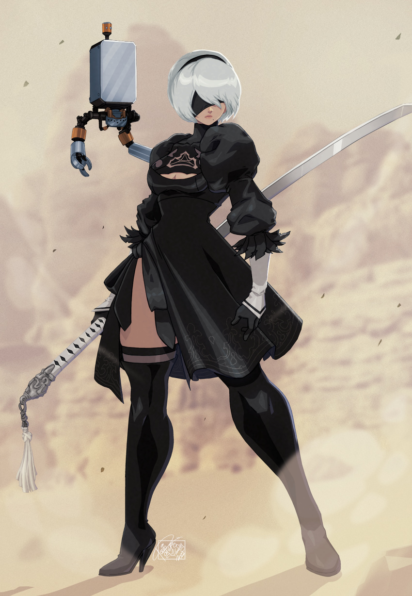 1girl black_blindfold black_dress black_footwear black_gloves black_hairband black_thighhighs blindfold boots breasts cleavage_cutout clothing_cutout covered_eyes dress full_body gloves grey_hair hairband high_heel_boots high_heels highres holding holding_sword holding_weapon huge_weapon juliet_sleeves long_sleeves medium_breasts mole mole_under_mouth narrow_waist nier_(series) nier_automata ootachi pod_(nier_automata) puffy_sleeves reverse_grip side_slit solo_focus standing sword thigh_boots thighhighs thighhighs_under_boots thighs tovio_rogers vambraces virtuous_contract weapon yorha_no._2_type_b