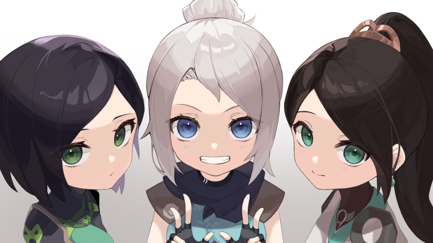 3girls black_gloves black_hair black_scarf blue_eyes double_v female_child fingerless_gloves gloves green_eyes grey_hair grey_robe hair_behind_ear highres jett_(valorant) looking_at_viewer looking_up multiple_girls ponytail robe sage_(valorant) scarf short_hair smile tmt.tem v valorant viper_(valorant) younger