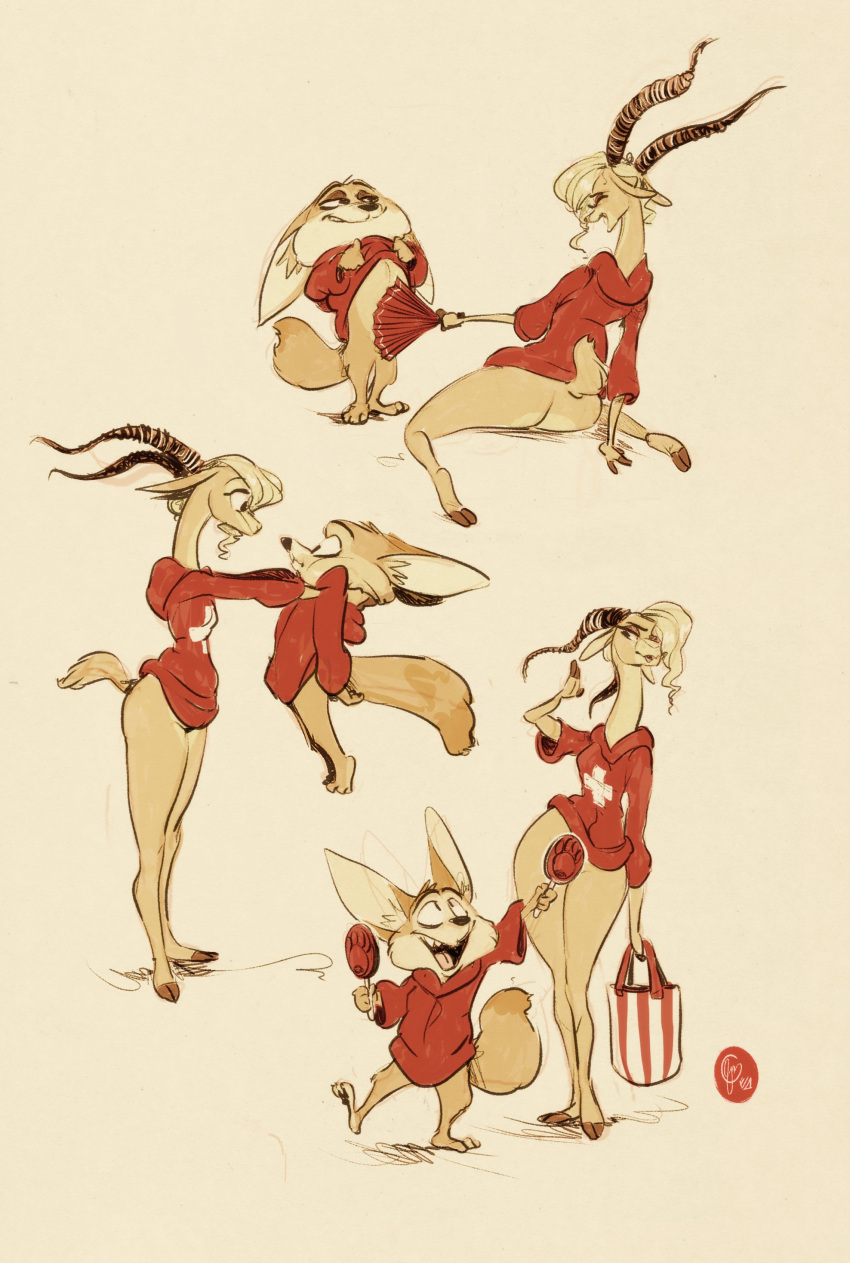2022 absurd_res antelope anthro bottomless bottomless_anthro bottomless_female bottomless_male bovid butt canid canine clothed clothing convenient_censorship disney duo edtropolis eye_contact eyes_closed female fennec finnick food fox fur gazelle gazelle_(zootopia) hair half-closed_eyes hand_fan hi_res holding_bag holding_fan holding_food holding_object holding_partner holding_popsicle hoodie hoodie_lift hoodie_only hooves horn inner_ear_fluff laugh looking_at_another male mammal mostly_nude multiple_images narrowed_eyes open_mouth paws popsicle red_clothing short_male short_tail sitting size_difference smile smirk smug smug_face spread_legs spreading standing teeth tongue topwear topwear_only tuft wide_eyed zootopia