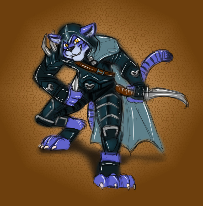 anthro armor black_body black_fur black_nose blue_body blue_ears blue_fur colored_sketch dagger felid front_view fur grey_cape grin hi_res holding_dagger looking_at_viewer male mammal melee_weapon orange_eyes pantherine simple_background sketch smile solo standing tiger unsigned weapon yaoifairy