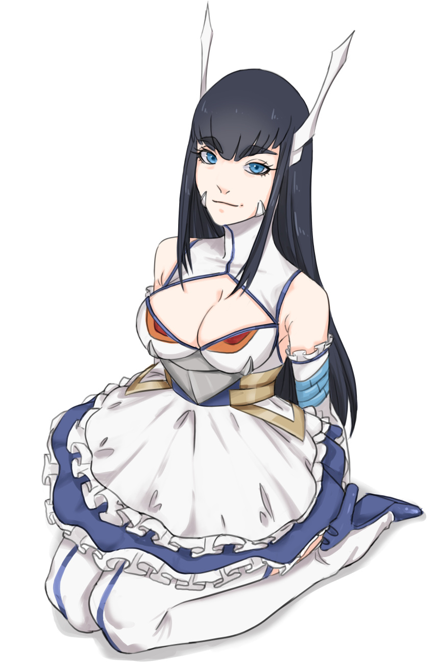 1girl absurdres adapted_costume alternate_costume apron arms_behind_back bare_shoulders black_headband blue_dress blue_eyes boots breasts cleavage cleavage_cutout clothing_cutout dress elbow_gloves eyeliner gloves hair_ornament headband high_heel_boots high_heels highres junketsu kill_la_kill kiryuuin_satsuki large_breasts light_smile long_hair makeup sitting thick_eyebrows thigh_boots urustam white_background white_gloves yokozuwari