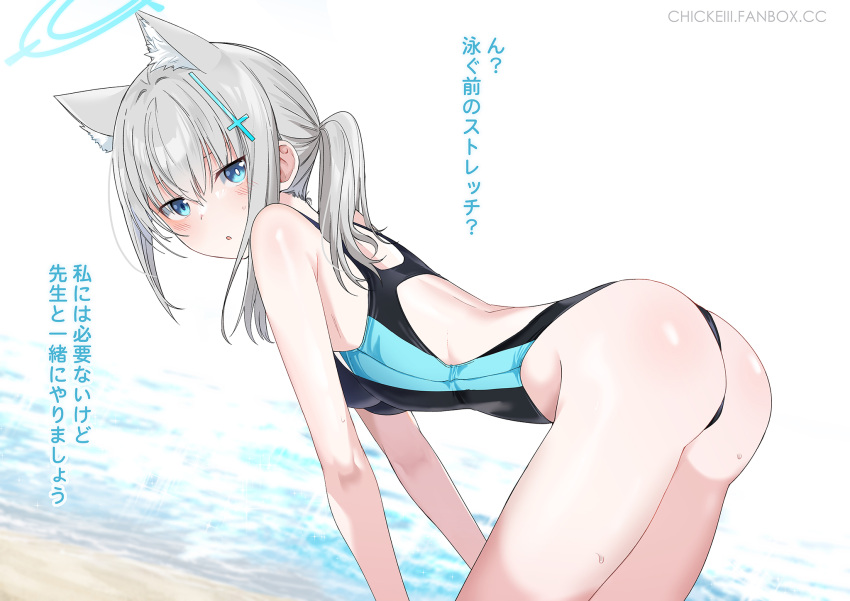 1girl :o ? animal_ear_fluff animal_ears ass backless_swimsuit bangs bare_arms beach bent_over black_swimsuit blue_archive blue_eyes blush breasts chicke_iii competition_swimsuit extra_ears from_side grey_hair hair_between_eyes halo highres long_hair looking_at_viewer looking_to_the_side medium_breasts one-piece_swimsuit parted_lips shiroko_(blue_archive) shiroko_(swimsuit)_(blue_archive) solo spoken_question_mark swimsuit thong_swimsuit water