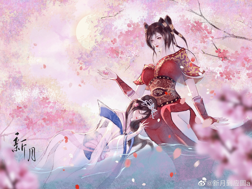 2girls absurdres armband bare_legs brown_hair cherry_blossoms chi_lian_(qin_shi_ming_yue) closed_mouth dress dual_persona hair_bun highres lying_on_lap multiple_girls official_alternate_costume qin_shi_ming_yue red_dress shiny shiny_hair sun tiara water white_dress xinyue_dao_ying_yuan