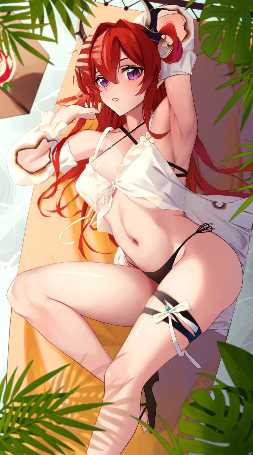 1girl absurdres arknights arm_up armpits bikini burnt_clothes criss-cross_halter demon_girl demon_horns detached_sleeves hair_intakes hair_ornament halterneck hammock highres horns kasasasagi knee_up lying midriff official_alternate_costume on_side red_hair side-tie_bikini star_(symbol) star_hair_ornament string_bikini surtr_(arknights) surtr_(colorful_wonderland)_(arknights) swimsuit swimsuit_cover-up thigh_strap