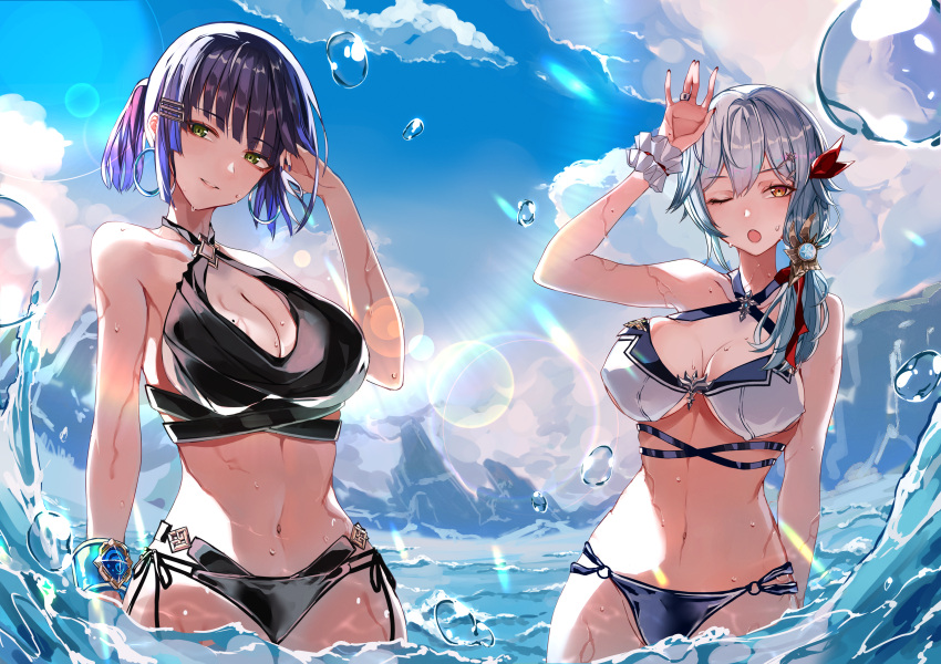2girls absurdres alternate_costume bangs bare_shoulders bikini blunt_bangs bob_cut breasts cleavage cloud diagonal_bangs eula_(genshin_impact) frilled_wristband genshin_impact green_eyes halterneck highres large_breasts lens_flare low_tied_hair mole mole_on_breast multiple_girls navel one_eye_closed open_mouth partially_submerged ponytail sas_(ls08b) short_hair sky smile swimsuit vision_(genshin_impact) water wristband yelan_(genshin_impact) yellow_eyes