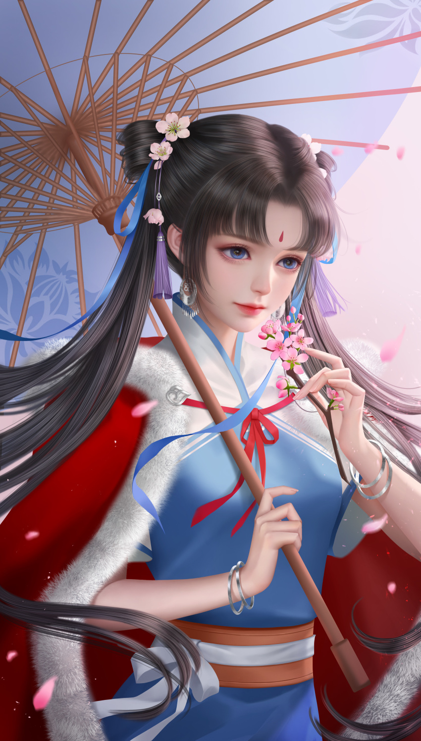 1girl absurdres blue_eyes branch brown_hair cape cherry_blossoms closed_mouth double_bun facial_mark forehead_mark hair_bun hei_yu_xing_cheng highres holding holding_umbrella long_hair pink_background red_cape ribbon second-party_source short_sleeves solo twintails umbrella upper_body xian_jian_qi_xia_zhuan_(series) zhao_linger