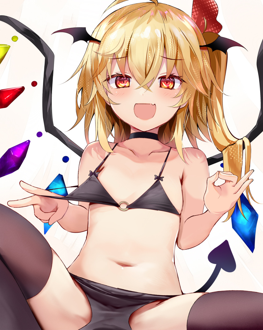 1girl ahoge alternate_costume bangs bare_shoulders bat_wings black_bow black_bra black_panties black_thighhighs blonde_hair blush bow bra collarbone crystal efe eyes_visible_through_hair fang flandre_scarlet flat_chest hair_between_eyes hair_ribbon hands_up head_wings heart highres jewelry laevatein_(tail) looking_at_viewer multicolored_wings navel no_headwear one_side_up open_mouth panties red_eyes red_ribbon ribbon short_hair simple_background sitting smile solo spread_legs tail thighhighs touhou underwear v white_background wings
