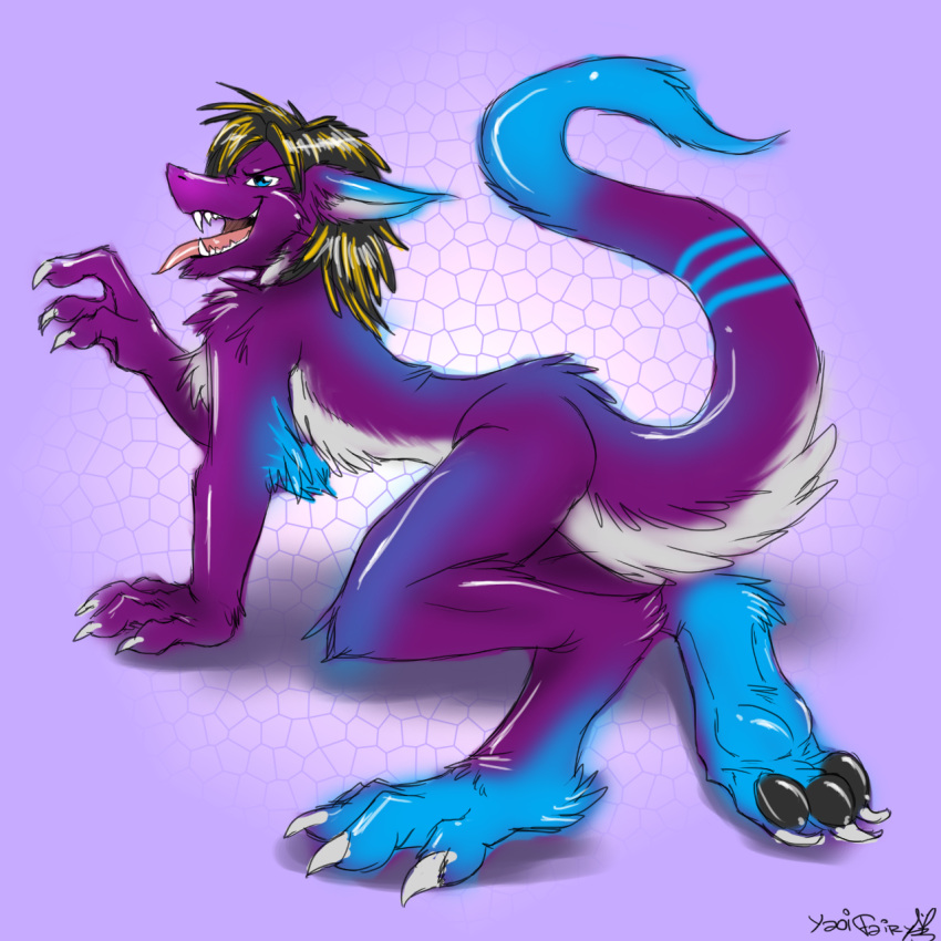 1:1 anthro black_hair blonde_hair blue_body blue_ears blue_eyes blue_fur blue_stripes blue_tail claws colored_sketch dipstick_tail elbow_tuft fangs fur glistening glistening_eyes hair hi_res male markings multicolored_hair narrowed_eyes open_mouth pink_tongue purple_body purple_ears purple_fur purple_tail sergal side_view signature simple_background sketch solo striped_markings striped_tail stripes tail_markings tongue tongue_out two_tone_hair white_body white_claws white_fur white_tail yaoifairy